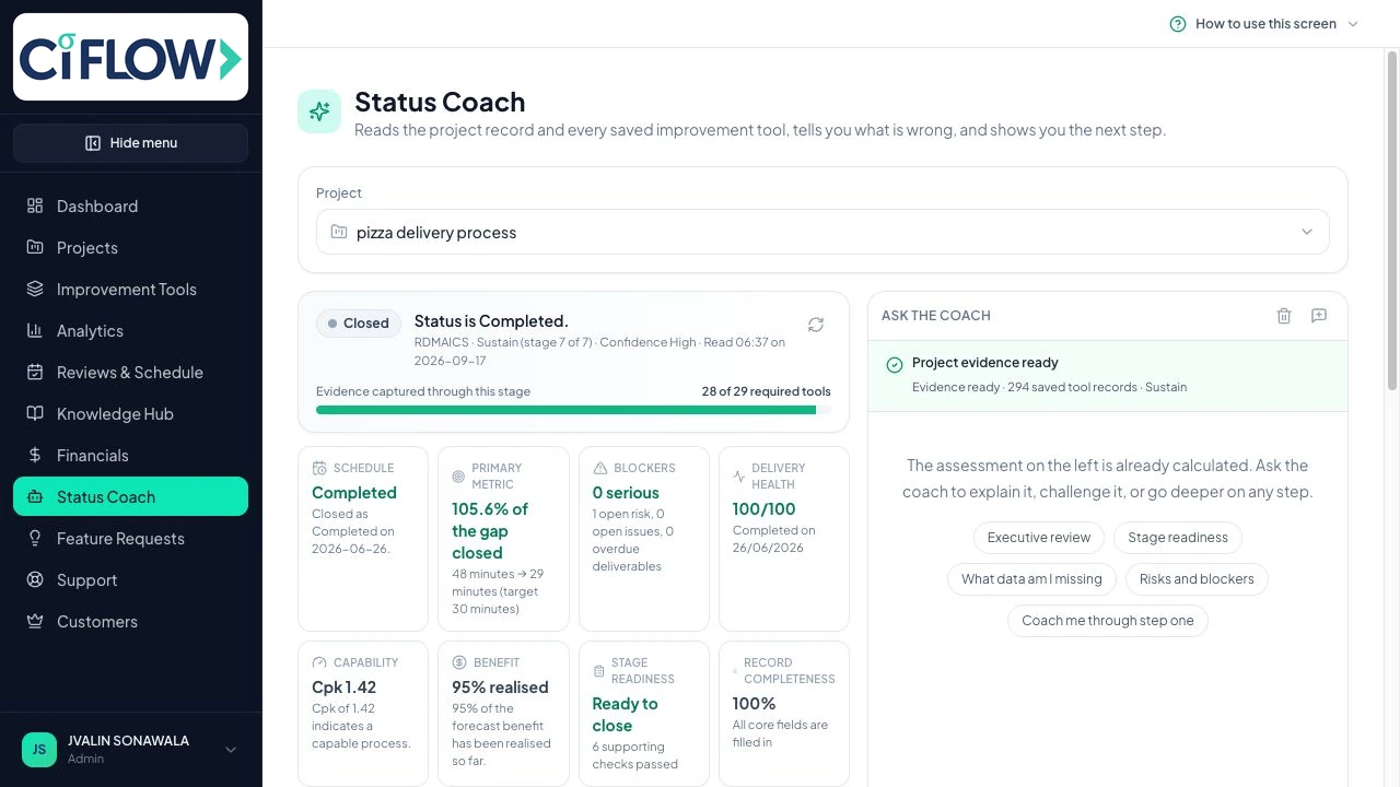 Ci Flow Status Coach assessment showing project evidence, metrics and readiness