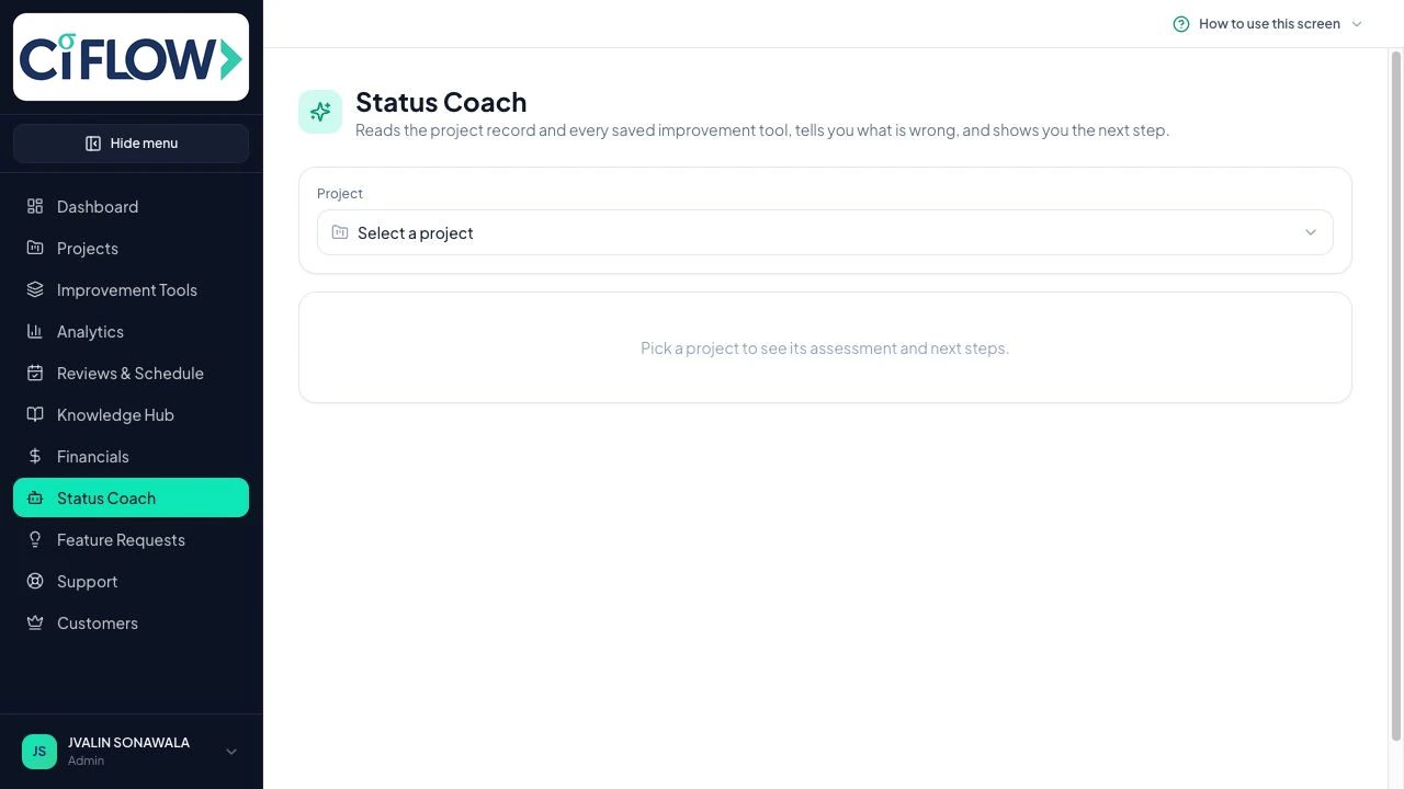 Ci Flow Status Coach project selection screen showing the selected improvement project